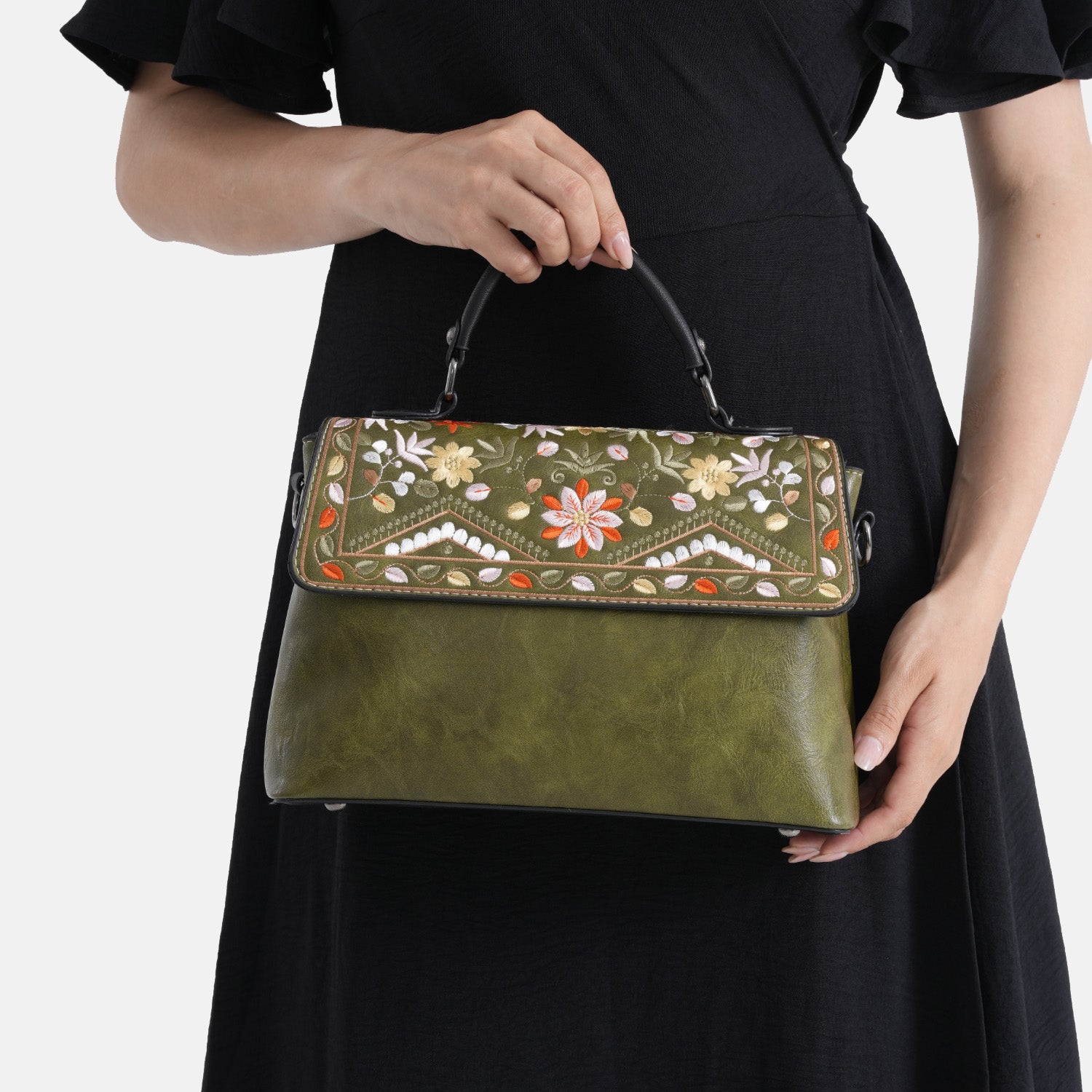 Florale Kunstprint Crossbody-Tasche mit gemustertem Schulterriemen, 29 x 11 x 21 cm, Petrol