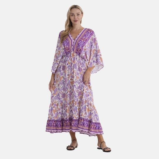 LA MAREY Viskose Kleid mit Kimonoärmeln, elastischer Taille, Einheitsgröße, Lila gemustert