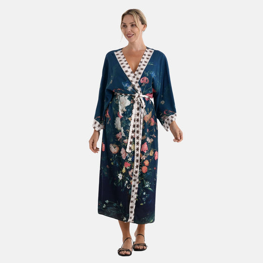 LA MAREY Kimono mit Vogel- und Blumenprint 100% Viskose, passend für EU 36-42,128 cm Länge, Rosa