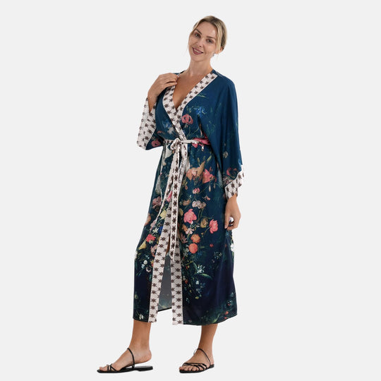 LA MAREY Kimono mit Vogel- und Blumenprint 100% Viskose, passend für EU 36-42,128 cm Länge, Rosa