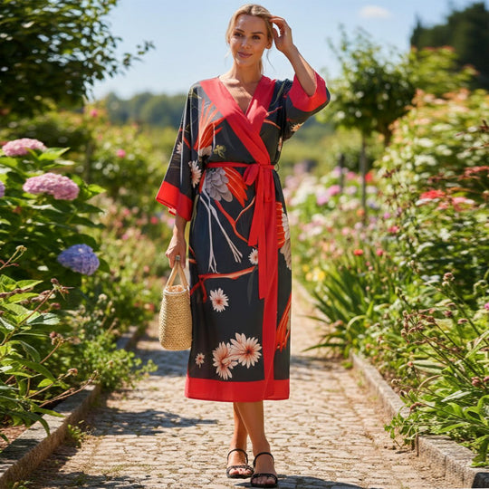 LA MAREY Kimono mit Pfauenprint 100% Viskose Einheitsgröße 128 cm Länge, Schwarz
