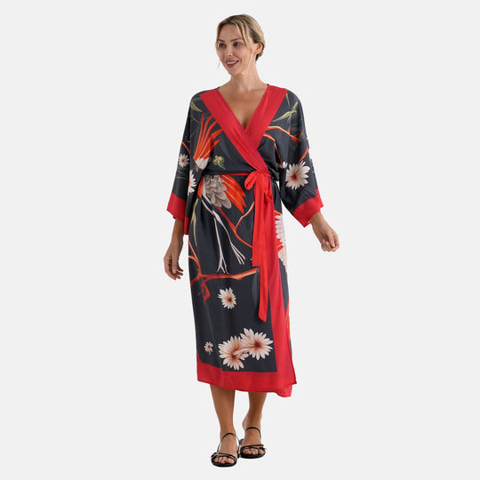 LA MAREY Kimono mit Pfauenprint 100% Viskose Einheitsgröße 128 cm Länge, Schwarz