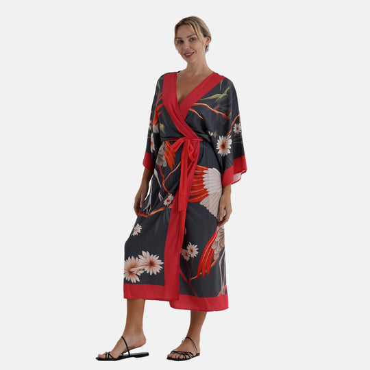LA MAREY Kimono mit Pfauenprint 100% Viskose Einheitsgröße 128 cm Länge, Schwarz