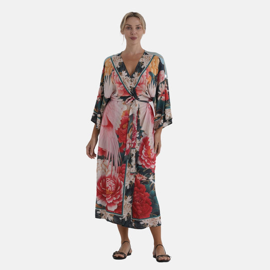 LA MAREY Kimono mit Pfauenprint 100% Viskose Einheitsgröße 128 cm Länge, Schwarz