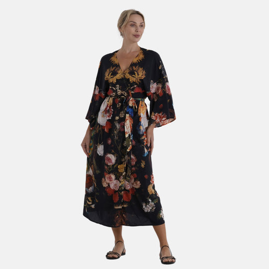 LA MAREY Kimono mit Pfauenprint 100% Viskose Einheitsgröße 128 cm Länge, Schwarz