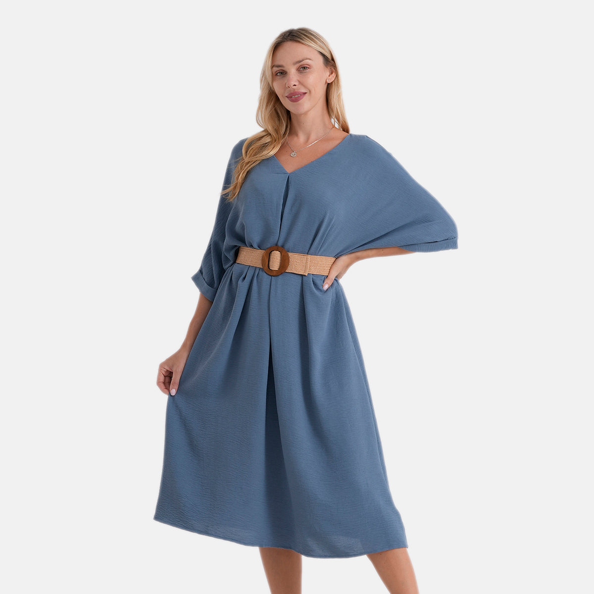 LA MAREY Gewebte Tunika mit Gürtel, Einheitsgröße, Blau