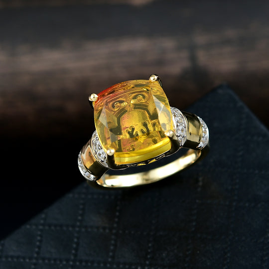 D'Joy - Feuerlinien-Design Sphaleros Quarz, Weißer Zirkon Ring 925 Silber Gelbgold Vermeil (Größe 18.00) ca. 9.12 ct