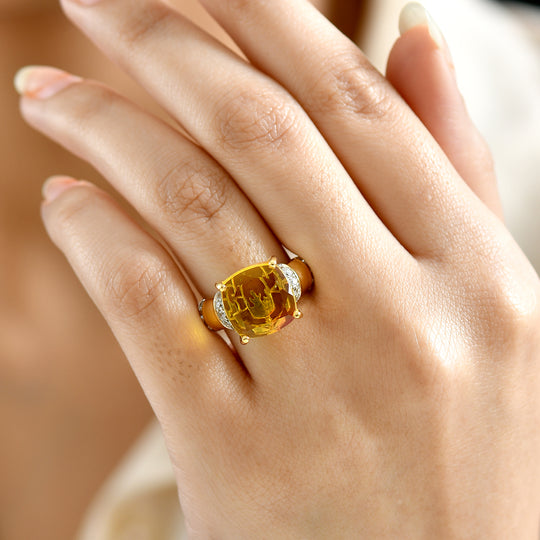 D'Joy - Feuerlinien-Design Sphaleros Quarz, Weißer Zirkon Ring 925 Silber Gelbgold Vermeil (Größe 18.00) ca. 9.12 ct