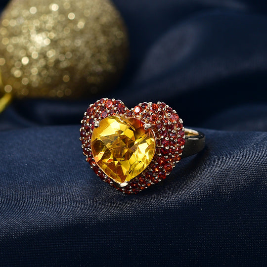 D'Joy - Sonnenfeuer-Heart-Design Sphaleros Quarz-Triplette, Mosambik Granat Ring 925 Silber 750 Gelbgold Vermeil (Größe 18.00) ca. 7.98 ct