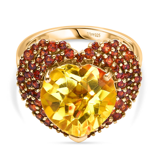 D'Joy - Sonnenfeuer-Heart-Design Sphaleros Quarz-Triplette, Mosambik Granat Ring 925 Silber 750 Gelbgold Vermeil (Größe 18.00) ca. 7.98 ct