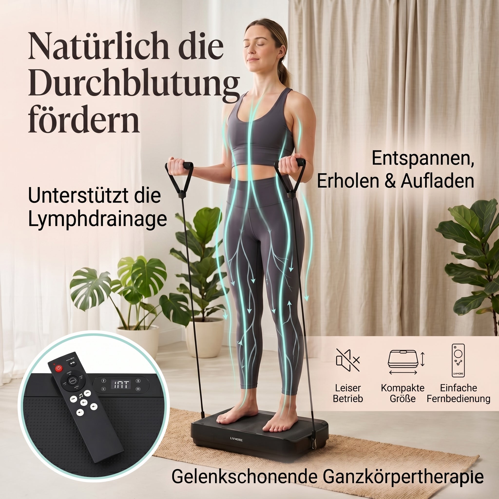 LIVMORE Vibrationsplatte Fitnessgerät, 9 Programme, 99 Geschwindigkeitsstufen, Bluetooth mit Lautsprecher, Fernbedienung, 53 x 34 x 11 cm, Weiß
