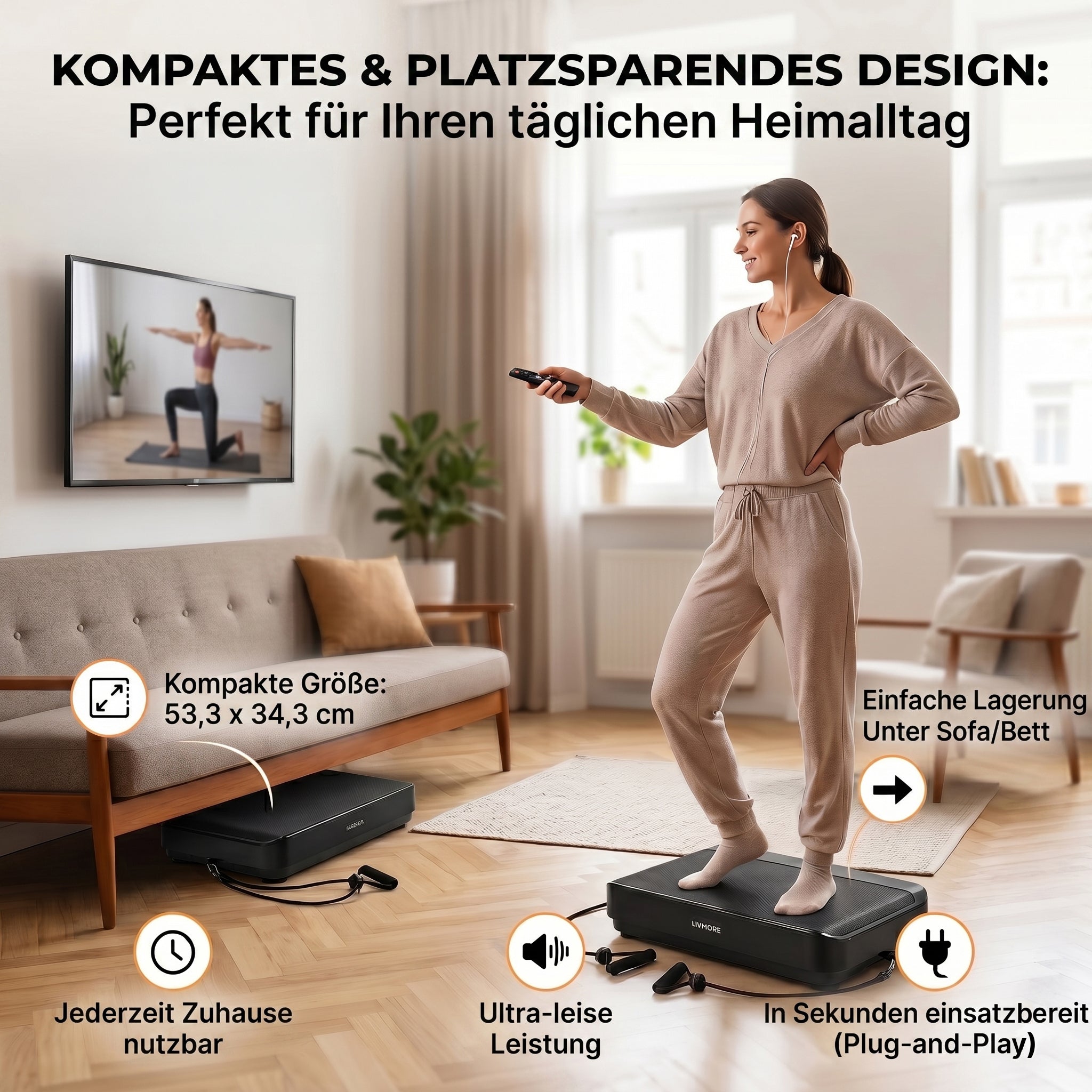 LIVMORE Vibrationsplatte Fitnessgerät, 9 Programme, 99 Geschwindigkeitsstufen, Bluetooth mit Lautsprecher, Fernbedienung, 53 x 34 x 11 cm, Weiß