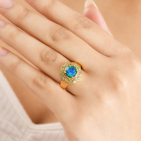 D'Joy Pfau Quarz Triplette, Peridot Ring 925 Silber 750 Gelb Vergoldet (Größe 18.00) ca. 2,76 ct