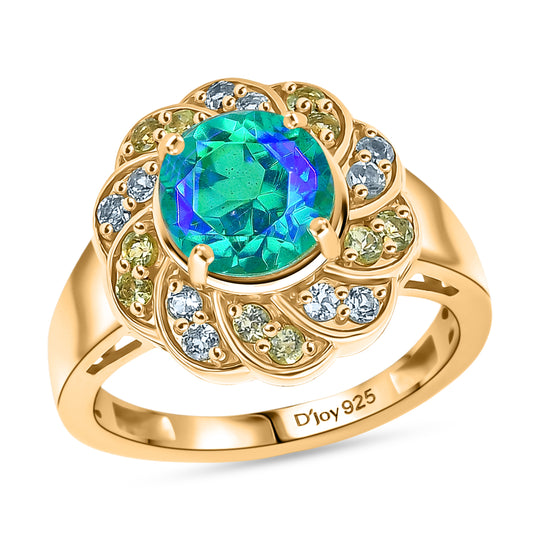 D'Joy Pfau Quarz Triplette, Peridot Ring 925 Silber 750 Gelb Vergoldet (Größe 18.00) ca. 2,76 ct