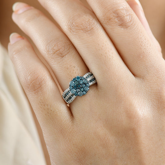 D'Joy Blauer Diamant, Weißer Diamant Ring 925 Silber rhodiniert (Größe 19.00) ca. 1.00 ct