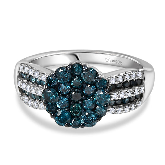 D'Joy Blauer Diamant, Weißer Diamant Ring 925 Silber rhodiniert (Größe 19.00) ca. 1.00 ct