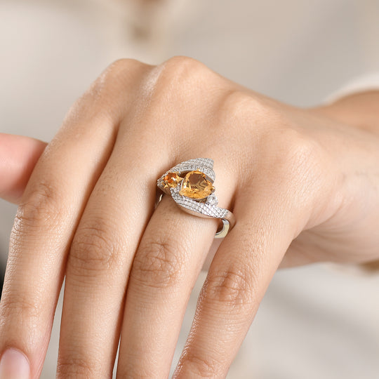 GP Amore Kollektion - AA Citrin, Feueropal Ring 925 Silber Rhodiniert und 750 Gelbgold Vermeil (Größe 21.00) ca. 2.00 ct