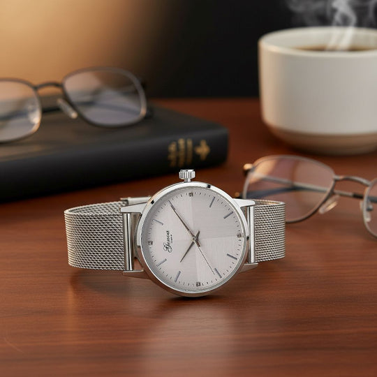 GENOA TIME - V2 Automatik Armbanduhr, Gehäuse 316 Edelstahl Sonnenschein Zifferblatt mit weißem Diamant Edelstahl Mesharmband, bicolor