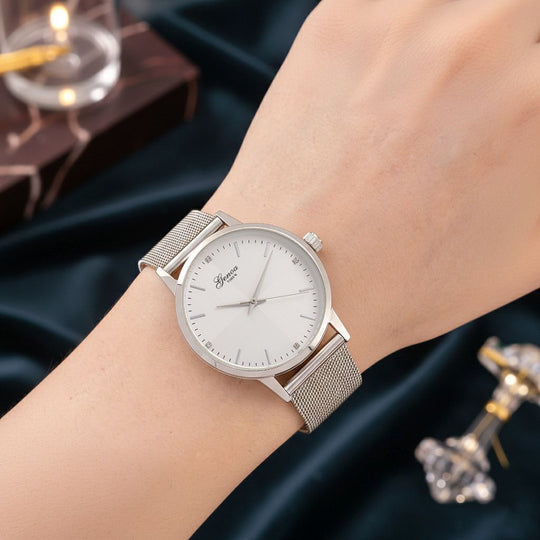 GENOA TIME - V2 Automatik Armbanduhr, Gehäuse 316 Edelstahl Sonnenschein Zifferblatt mit weißem Diamant Edelstahl Mesharmband, bicolor