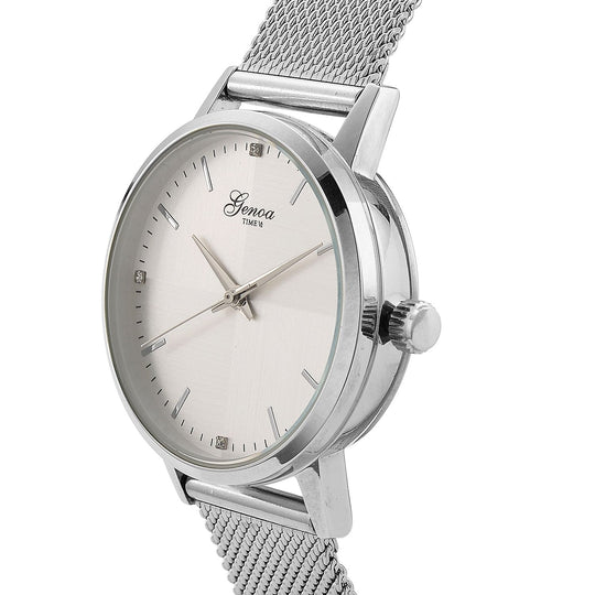 GENOA TIME - V2 Automatik Armbanduhr, Gehäuse 316 Edelstahl Sonnenschein Zifferblatt mit weißem Diamant Edelstahl Mesharmband, bicolor