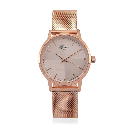 GENOA TIME - V2 Automatik Armbanduhr, Gehäuse 316 Edelstahl Sonnenschein Zifferblatt mit weißem Diamant Edelstahl Mesharmband, bicolor