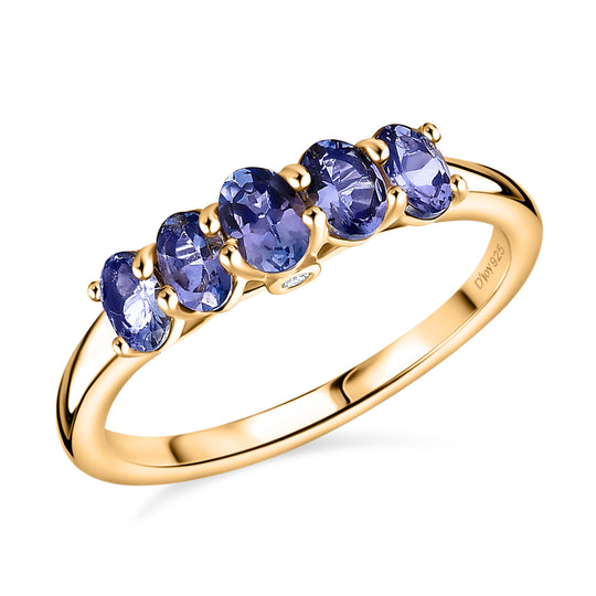 D'Joy AA Tansanit, Weißer Diamant Ring 925 Silber 750 Gelb Vergoldet (Größe 19.00) ca. 0,91 ct