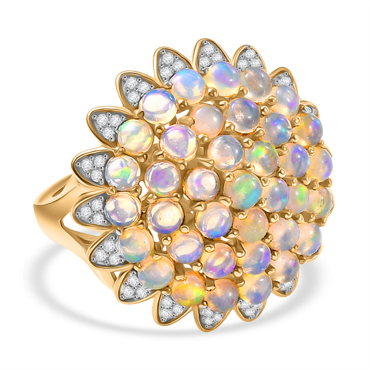 D'Joy AA Natürlicher, äthiopischer Welo Opal, Weißer Zirkon Ring 925 Silber 750 Gelbgold Vermeil (Größe 19.00) ca. 3,24 ct