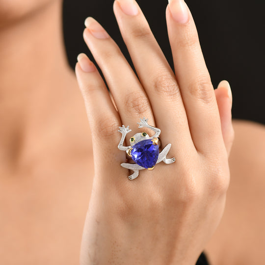 GP Trionfo Kollektion - Tansanit-Farbe Quarz, Natürlicher Chromdiopsid Ring 925 Silber Rhodiniert und 750 Gelbgold Vermeil (Größe 21.00) ca. 12.17 ct