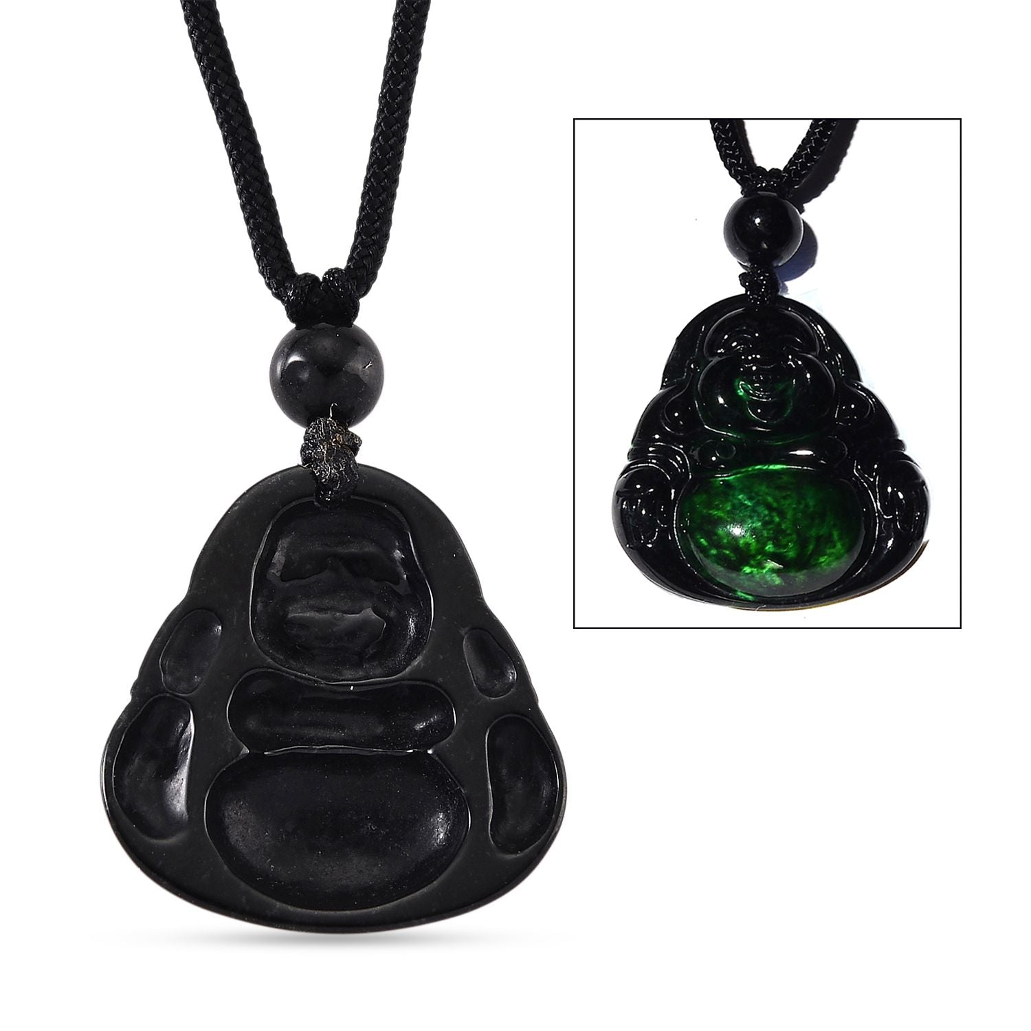 Majestätischer Wächter - Schwarzer Jadeit-Buddha Halskette Flexibles (ca. 66 cm) ca. 18,00 ct.
