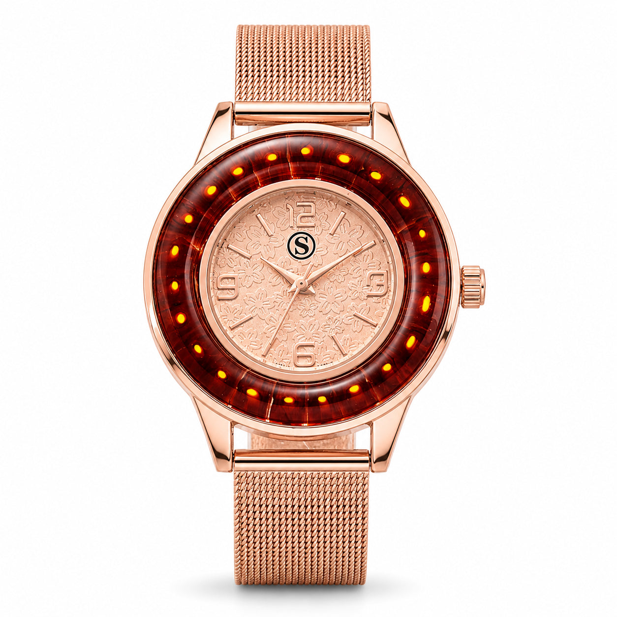 STRADA Uhr mit Murano Stil Glas Besatz, PC21S japanisches Uhrwerk, Edelstahl, Rot, Roségoldfarben