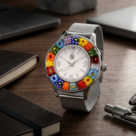 STRADA Uhr mit Murano Stil Glas Besatz, PC21S japanisches Uhrwerk, Edelstahl, Mehrfarbig, Silberfarben