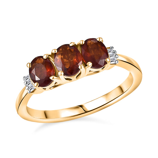 D'Joy AAA Hessonit Granat, Weißer Diamant Ring 925 Silber 750 Gelb Vergoldet (Größe 21.00) ca. 1,30 ct