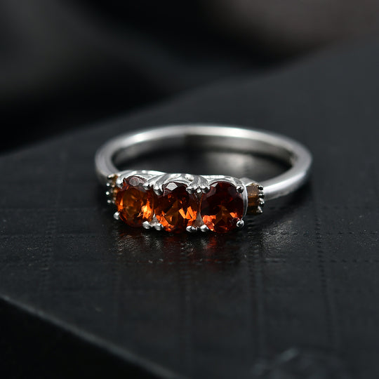 D'Joy AAA Hessonit Granat, Roter Diamant Ring 925 Silber platiniert (Größe 19.00) ca. 1,37 ct
