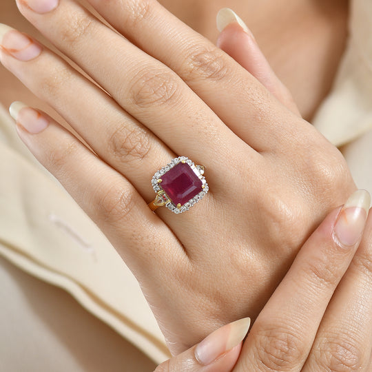 D'Joy ASSCHER SCHLIFF Afrikanischer Rubin (Fissure gefüllt), Weißer Topas Ring 925 Silber 750 Gelbgold Vermeil (Größe 18.00) ca. 8.59 ct