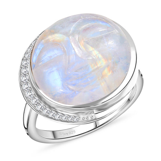 D'Joy AAA Regenbogen Mondstein, Weißer Zirkon Ring 925 Silber rhodiniert (Größe 21.00) ca. 17,26 ct