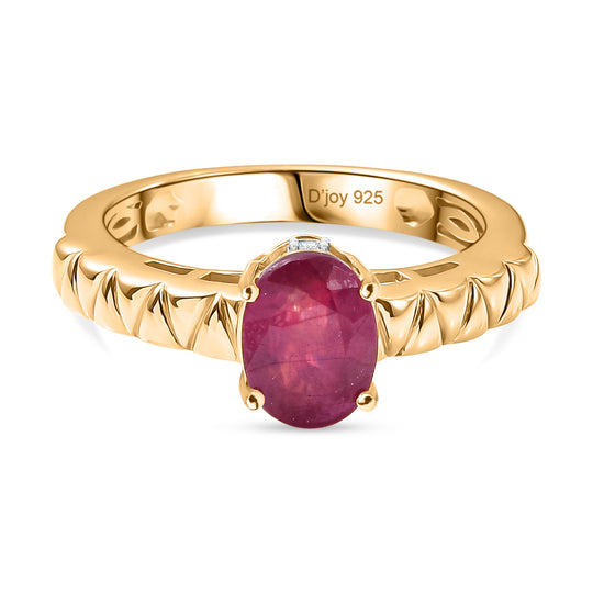 D'Joy Afrikanischer Rubin (Fissure gefüllt), Weißer Diamant Ring 925 Silber 750 Gelb Vergoldet (Größe 18.00) ca. 1,84 ct