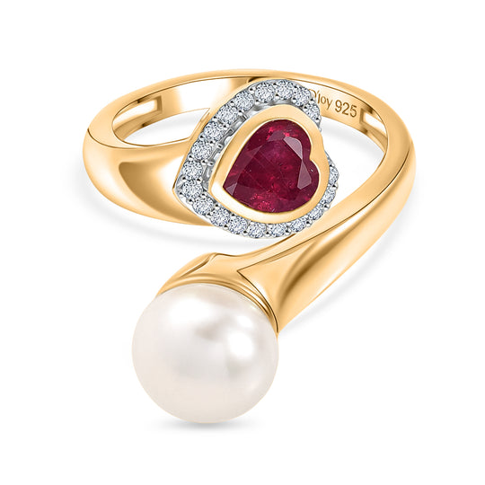 D'Joy Süßwasser Perle (9-9.5 mm), Afrikanischer Rubin (Fissure gefüllt) Ring 925 Silber 750 Gelbgold Vermeil (Größe 21.00)