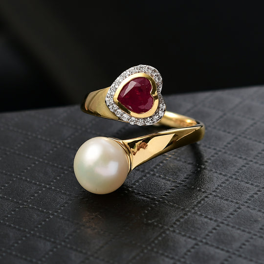 D'Joy Süßwasser Perle (9-9.5 mm), Afrikanischer Rubin (Fissure gefüllt) Ring 925 Silber 750 Gelbgold Vermeil (Größe 21.00)