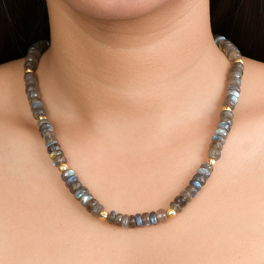 D'Joy AAA Labradorit Halskette ca. 45 cm + 5 cm Extender, 925 Silber 750 Gelbgold Vermeil ca. 223,00 ct.