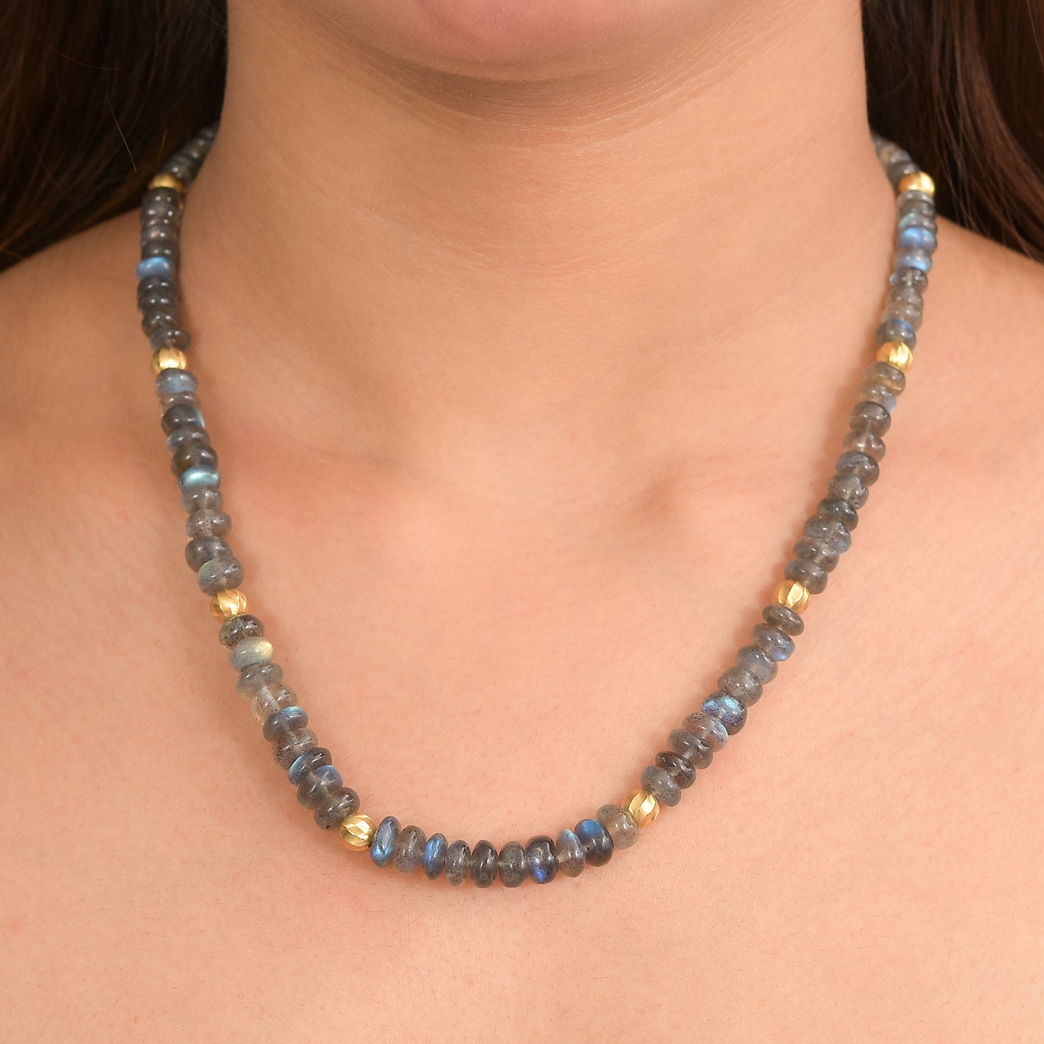 D'Joy AAA Labradorit Halskette ca. 45 cm + 5 cm Extender, 925 Silber 750 Gelbgold Vermeil ca. 150,00 ct.