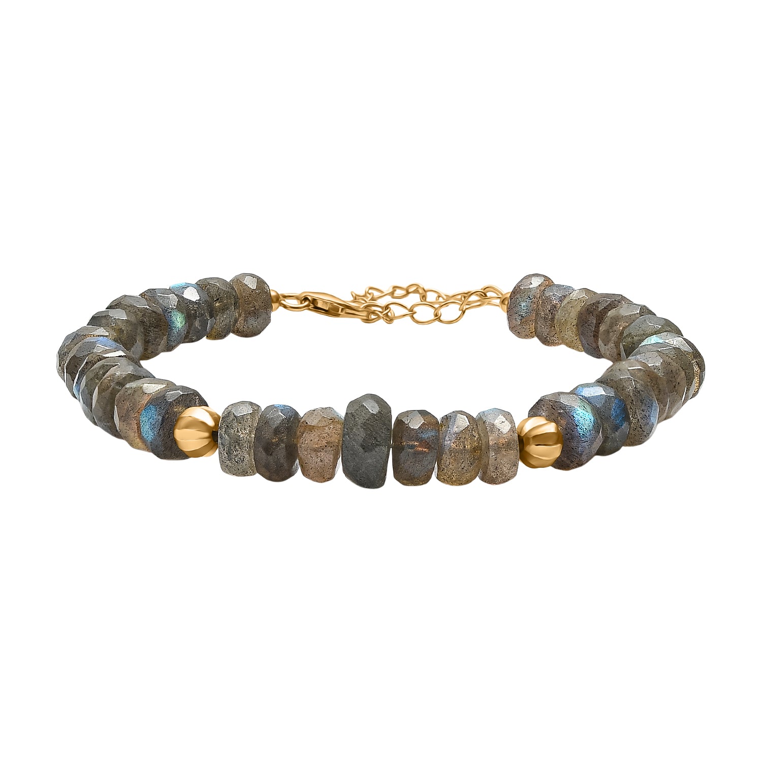 D'Joy AAA Labradorit Armband ca. 19 cm + 5 cm Extender, 925 Silber 750 Gelbgold Vermeil ca. 90,00 ct.