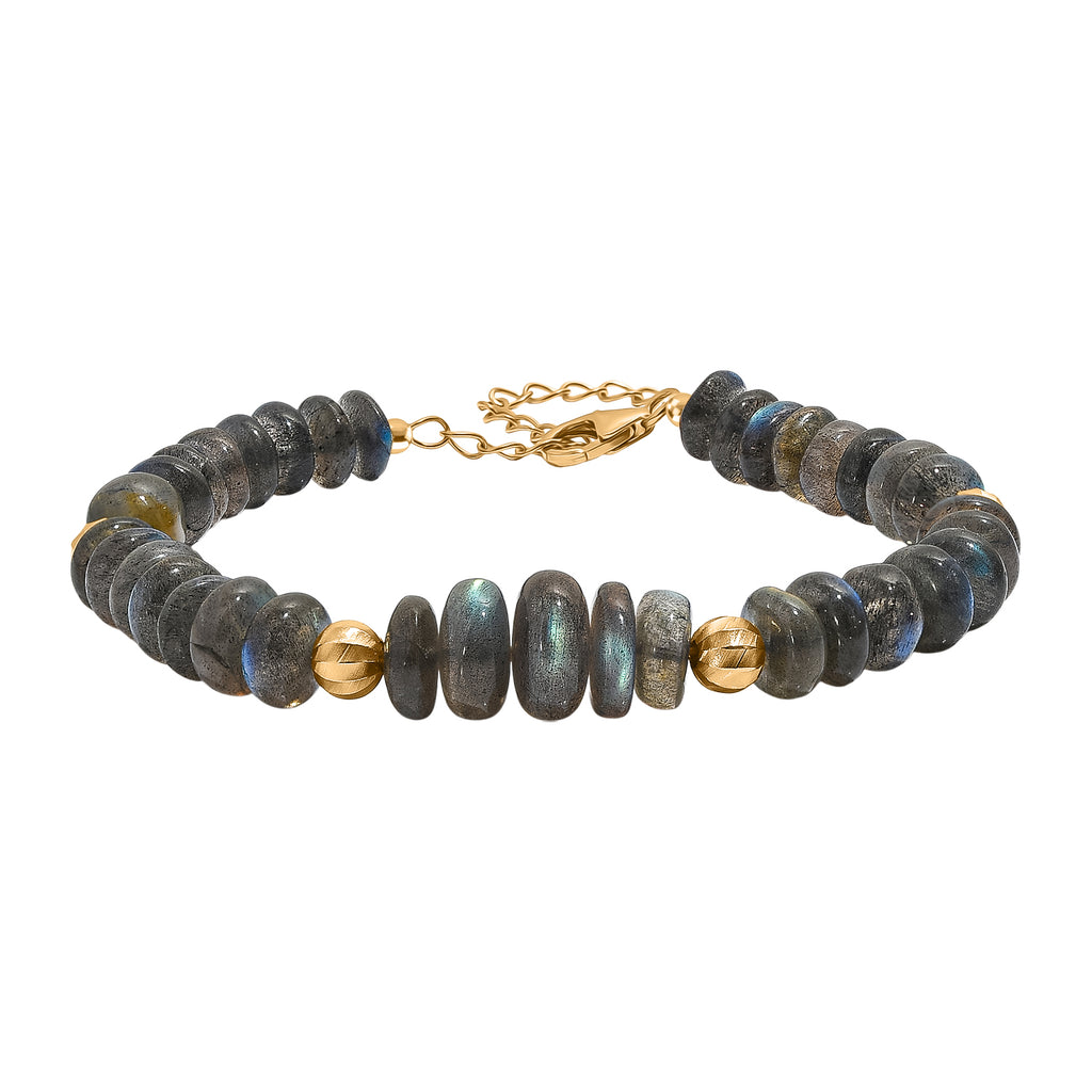 D'Joy AAA Labradorit Armband ca. 19 cm + 5 cm Extender, 925 Silber 750 Gelbgold Vermeil ca. 85,00 ct.