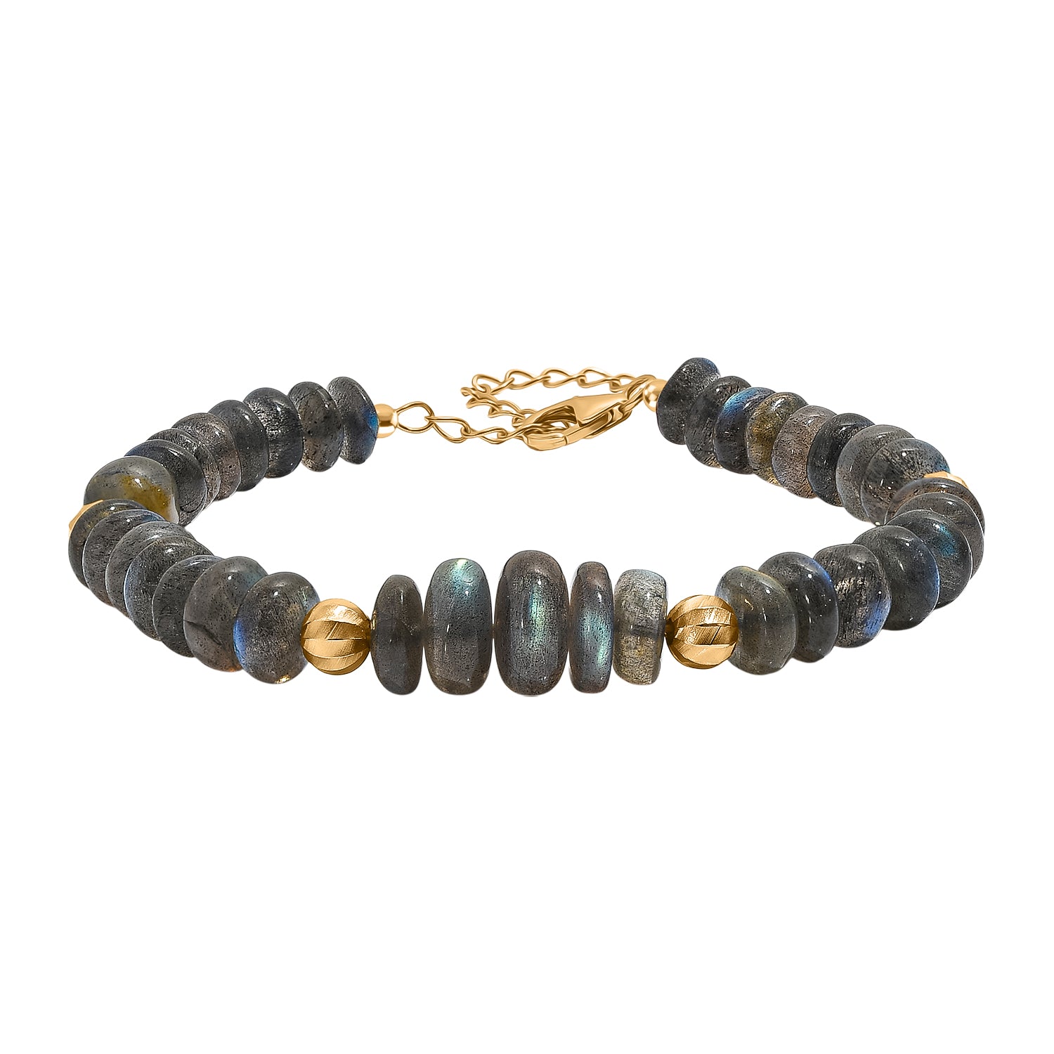 D'Joy AAA Labradorit Armband ca. 19 cm + 5 cm Extender, 925 Silber 750 Gelbgold Vermeil ca. 85,00 ct.