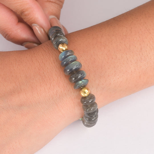 D'Joy AAA Labradorit Armband ca. 19 cm + 5 cm Extender, 925 Silber 750 Gelbgold Vermeil ca. 85,00 ct.