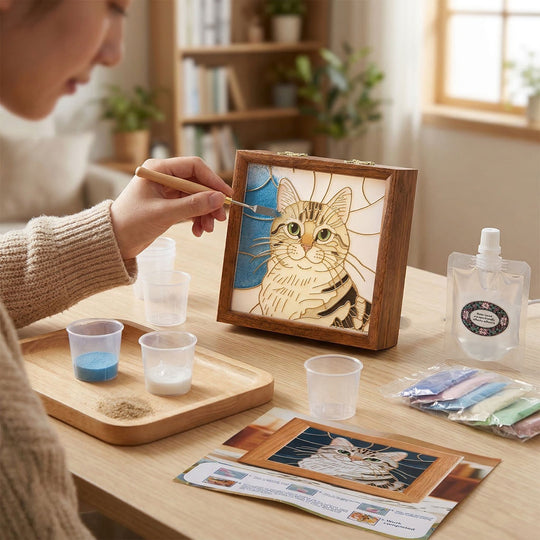 GOLDEN LOTTERY Aufbewahrungsbox mit Sandbild zum kreativen Gestalten, Set mit farbigem Sand, wasserbasiertem Kleber, Plastikbecher und Malwerkzeug 23 x 15,3 x 6 cm mehrfarbig Katzenmotiv