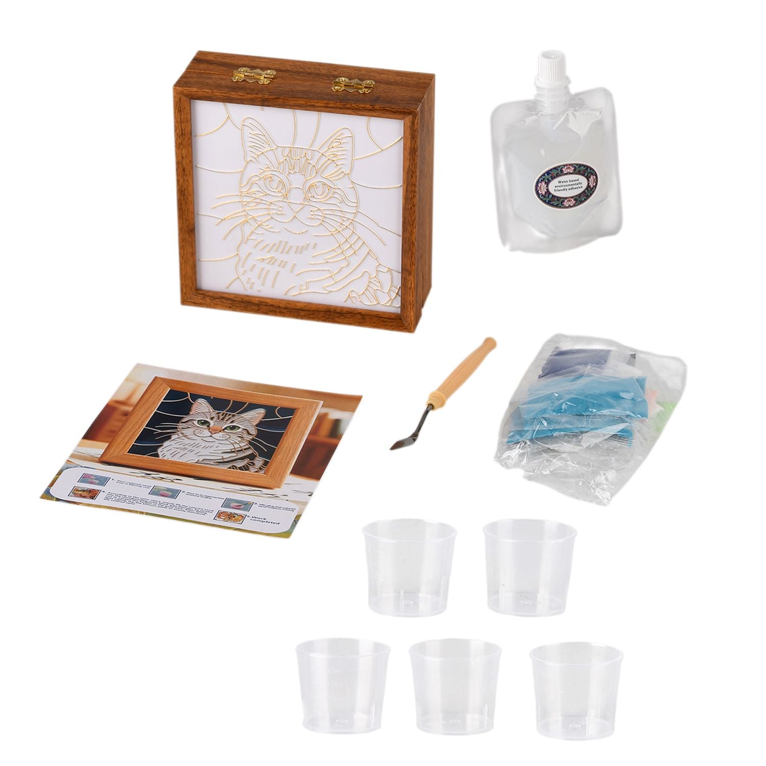 GOLDEN LOTTERY Aufbewahrungsbox mit Sandbild zum kreativen Gestalten, Set mit farbigem Sand, wasserbasiertem Kleber, Plastikbecher und Malwerkzeug 23 x 15,3 x 6 cm mehrfarbig Katzenmotiv