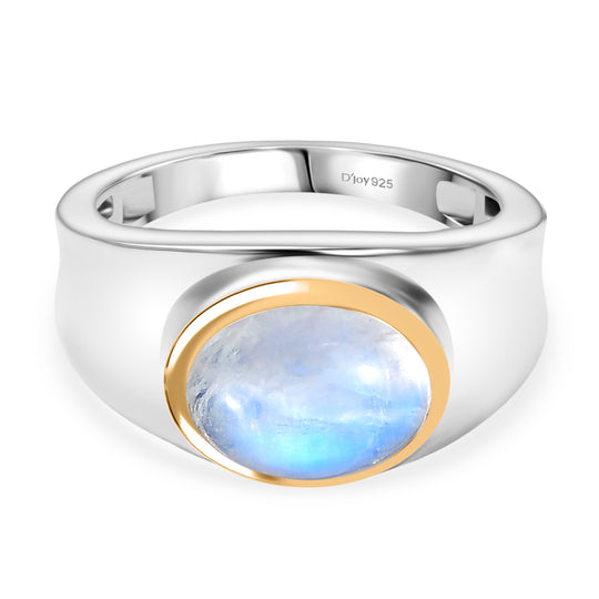 D'Joy AA Regenbogen Mondstein Ring 925 Silber Rhodiniert und 750 Gelbgold Vermeil (Größe 17.00) ca. 3,27 ct