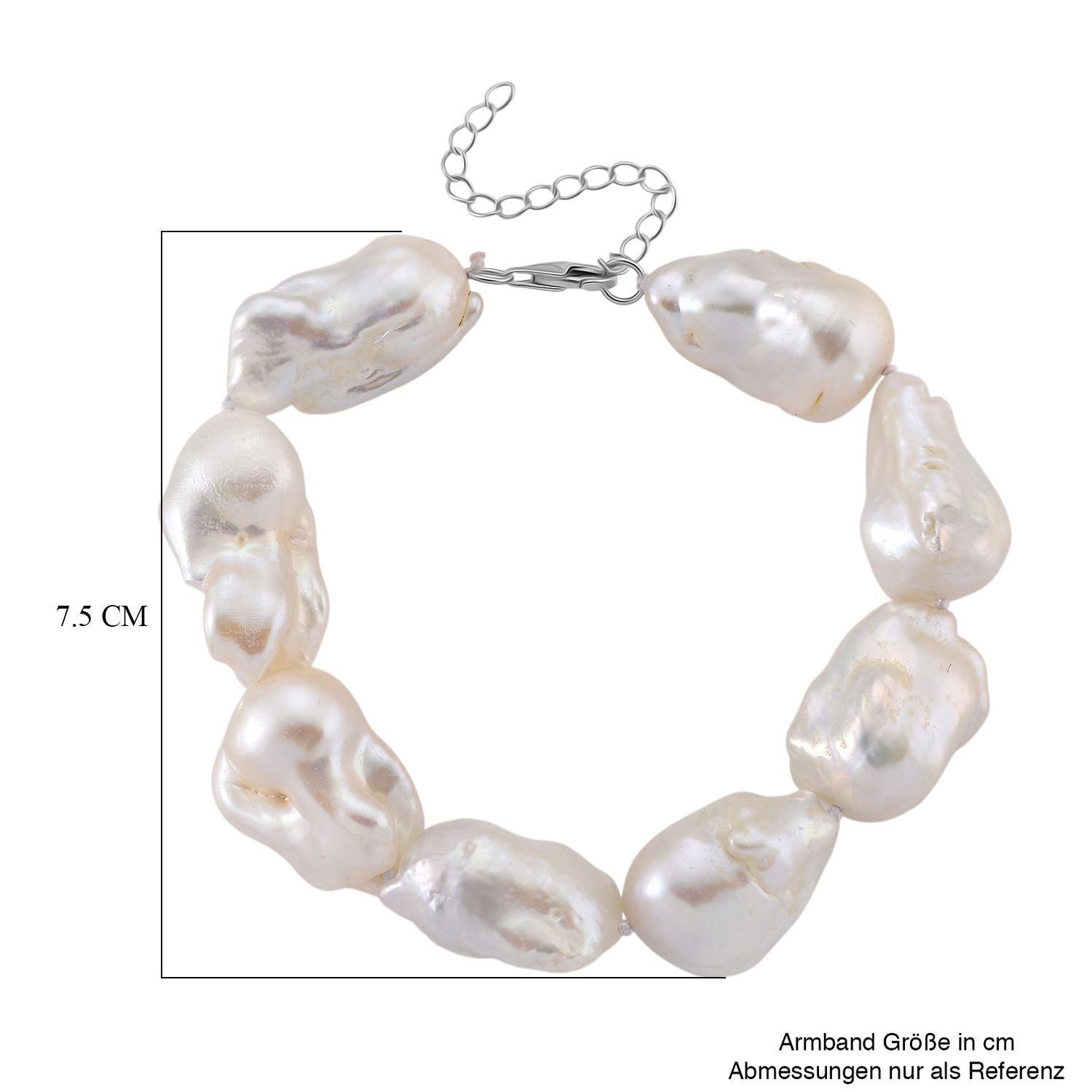 D'Joy Weiße Barockperle (13-16 mm) Armband ca. 19 cm + 5 cm Extender, 925 Silber rhodiniert
