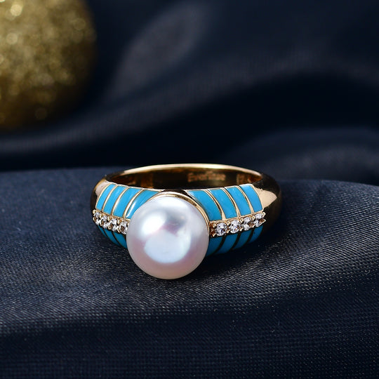 EVER TRUE Süßwasser Perle (9-9.5 mm), Weißer Zirkon Ring Nickelfreies Messing, Blaue Emailliert, goldfarben, (Größe 21.00)