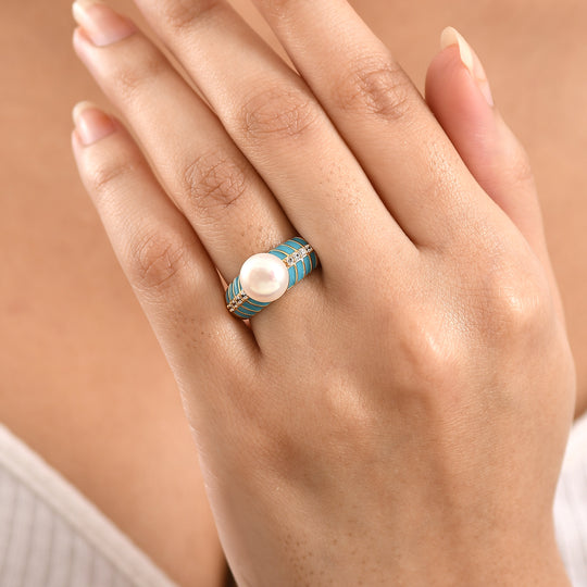EVER TRUE Süßwasser Perle (9-9.5 mm), Weißer Zirkon Ring Nickelfreies Messing, Blaue Emailliert, goldfarben, (Größe 21.00)